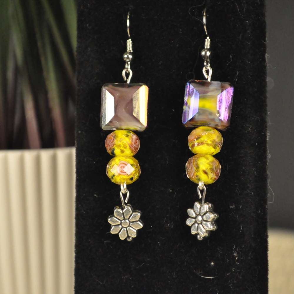 Silver and Yellow Faceted Bead Earrings with Floral Charm